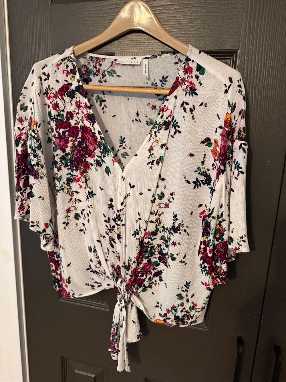 Tie-Front Floral V-Neck Blouse - White with Burgundy & Green Accents